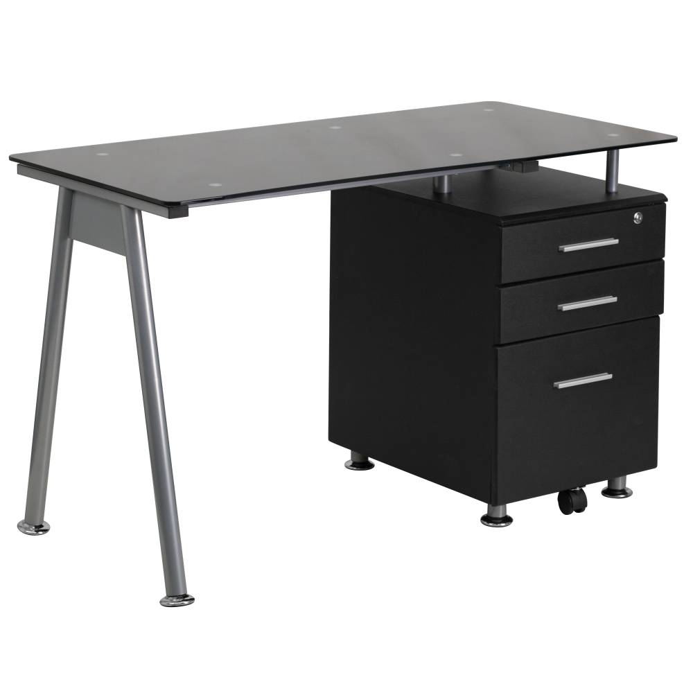 Black Glass 3 Drawer Desk