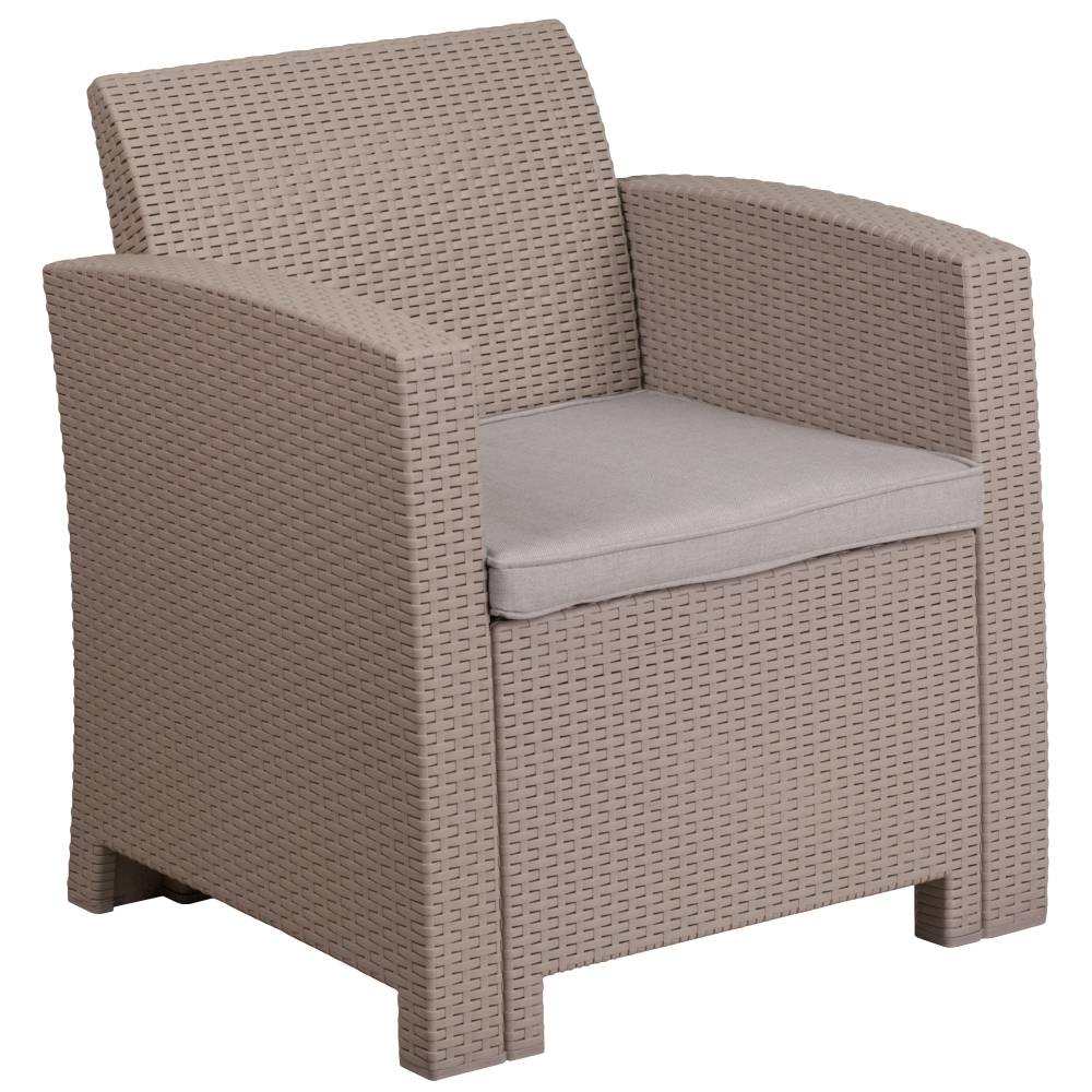 Faux Rattan Chair with All-Weather Light Gray Cushion 