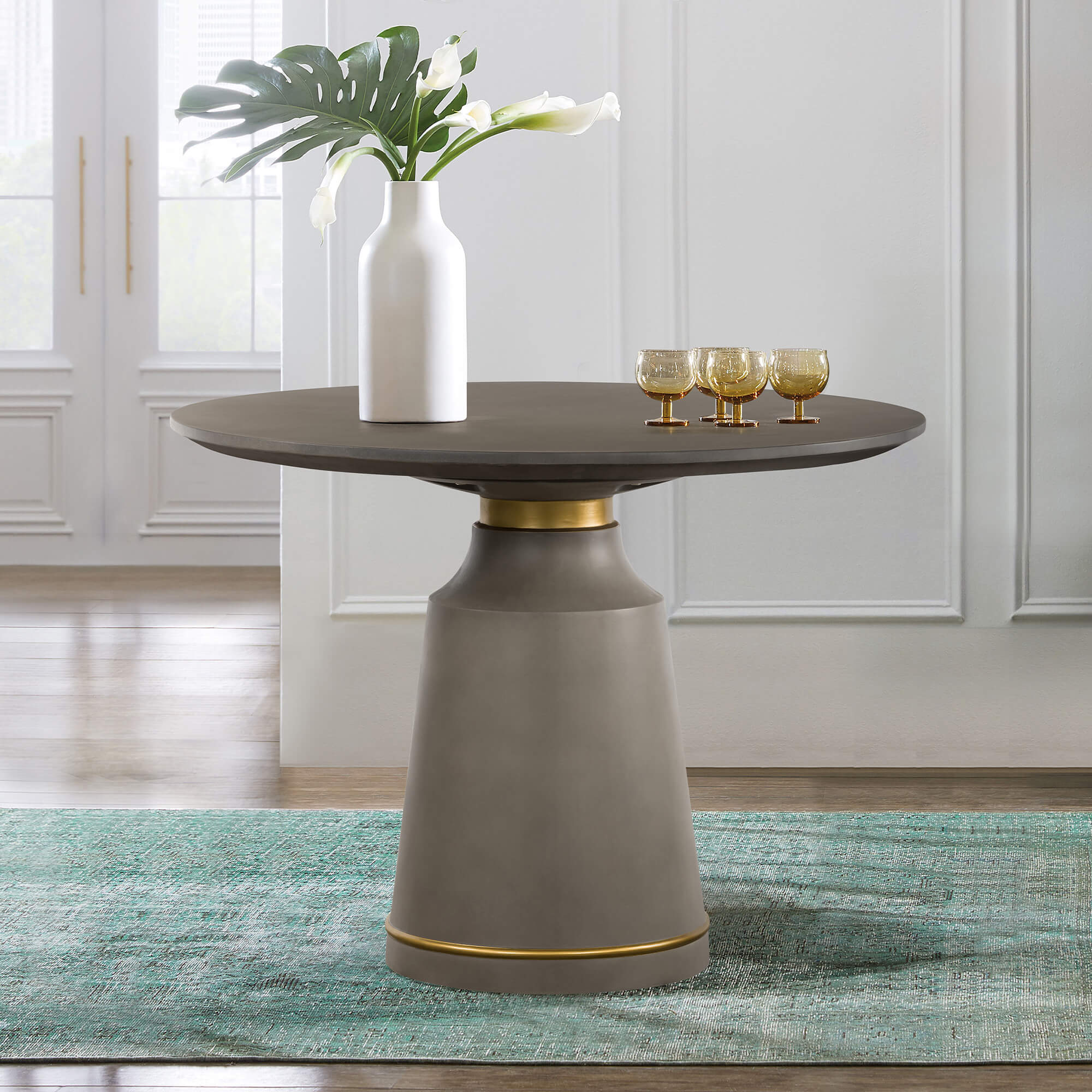 Pinni White Concrete Round Dining Table with Bronze Painted Accent