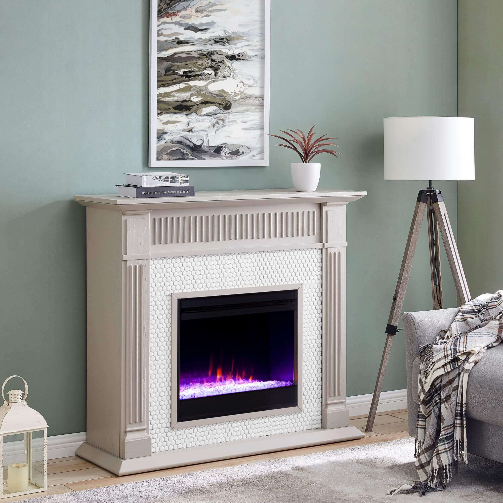 Chessing Penny-Tiled Color Changing Fireplace