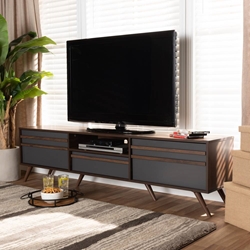 Baxton Studio Naoki Modern and Contemporary Two-Tone Grey and Walnut Finished Wood TV Stand with Drop-Down Compartments