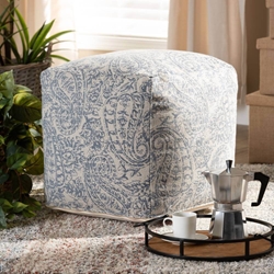 Baxton Studio Juvita Modern and Contemporary Grey and Blue Handwoven Cotton Paisley Pouf Ottoman