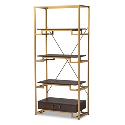 Baxton Studio Cerelia Modern and Contemporary Gold-Tone Steel and Dark Brown Finished Wood 3-Shelf Accent Bookcase with Drawer